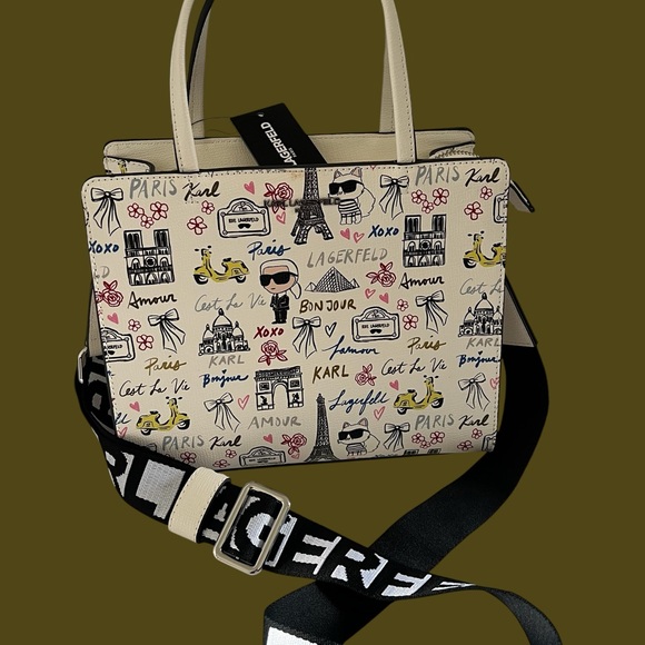 Karl Lagerfeld White Graphic Print Handbag with Logo Strap - Picture 2 of 16